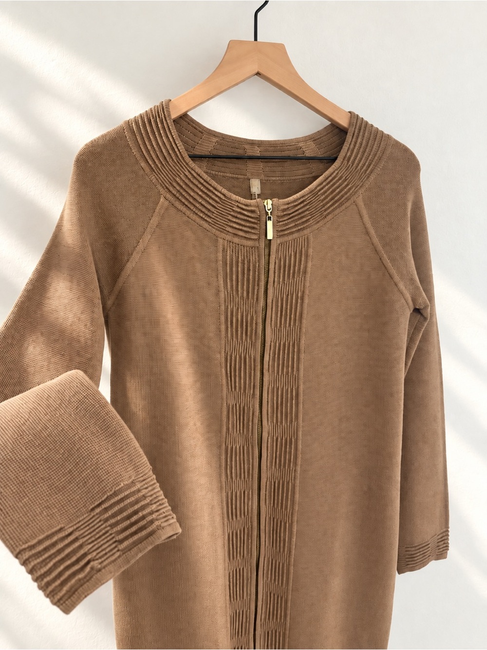 Adrienne Brown Longline Knit Jacket 100% Mercerized Wool Minimalist Small